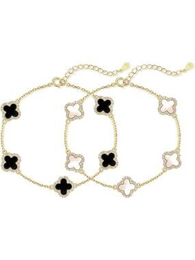Gold and White + Black Set Four Leaf Clover Bracelet - Dainty Lucky Jewelry for
